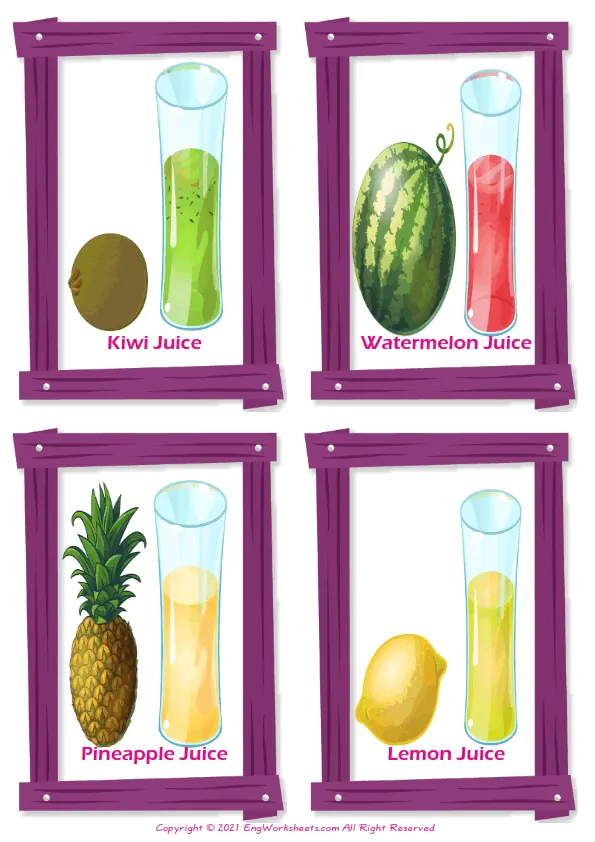 Fruit Juice vocabulary worksheet with words, four images per page