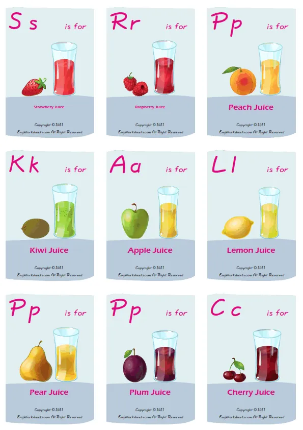 Fruit Juice vocabulary worksheet with words, nine images per page