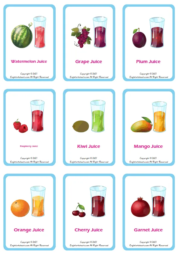 Fruit Juice vocabulary worksheet with words, nine images per page