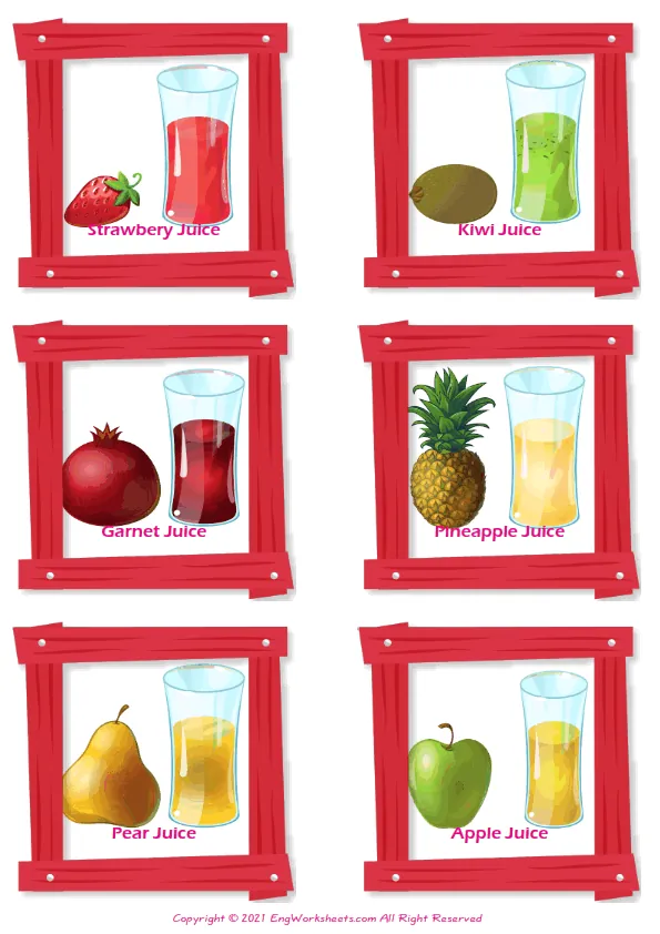 Fruit Juice vocabulary worksheet with words, six images per page