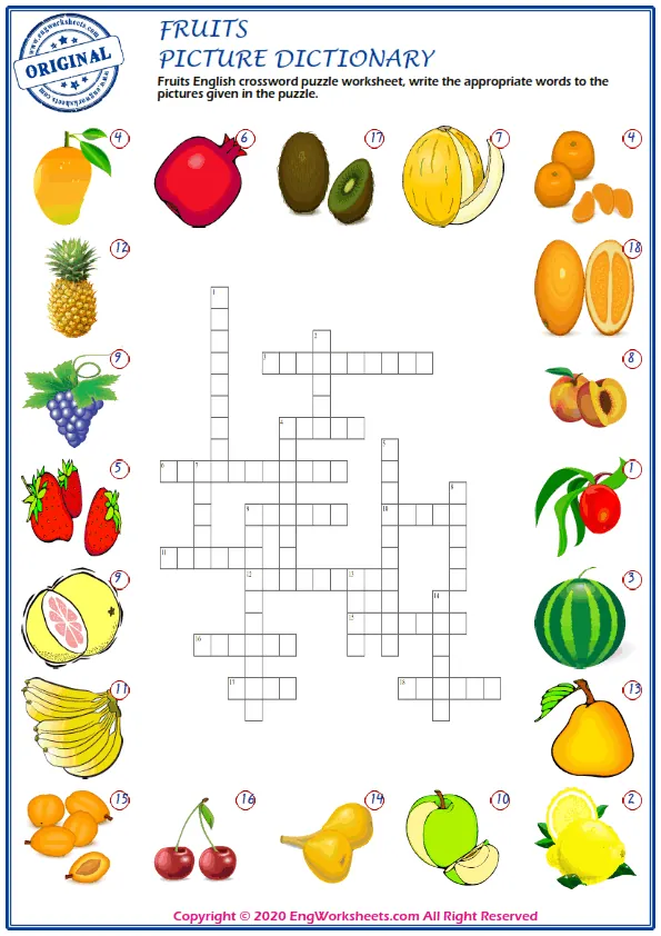 Fruits English crossword puzzle worksheet, write the appropriate words to the pictures given in the puzzle.