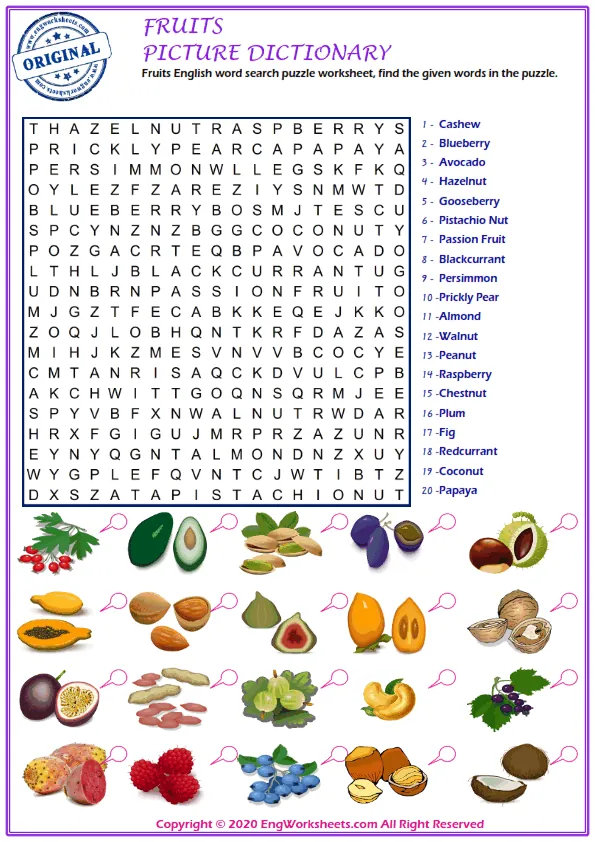 Fruits English word search puzzle worksheet, find the given words in the puzzle. Worksheet Preview