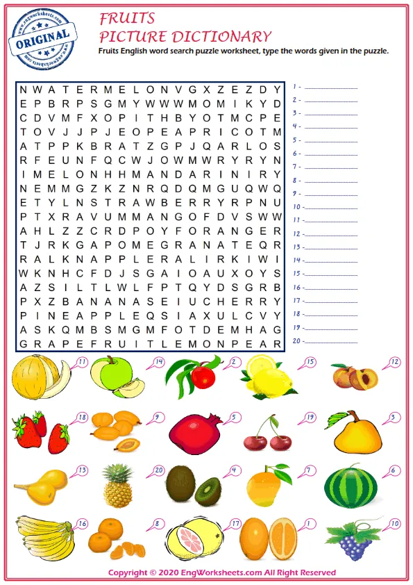 Fruits English word search puzzle worksheet, type the words given in the puzzle.