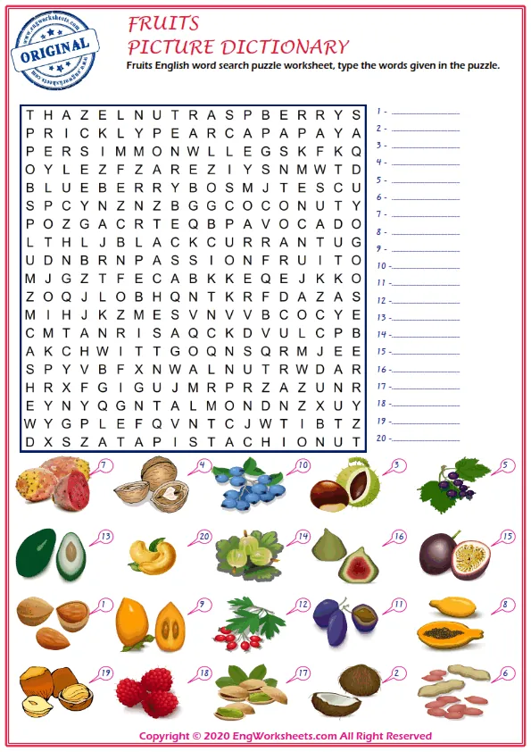 Fruits English word search puzzle worksheet, type the words given in the puzzle. Worksheet Preview