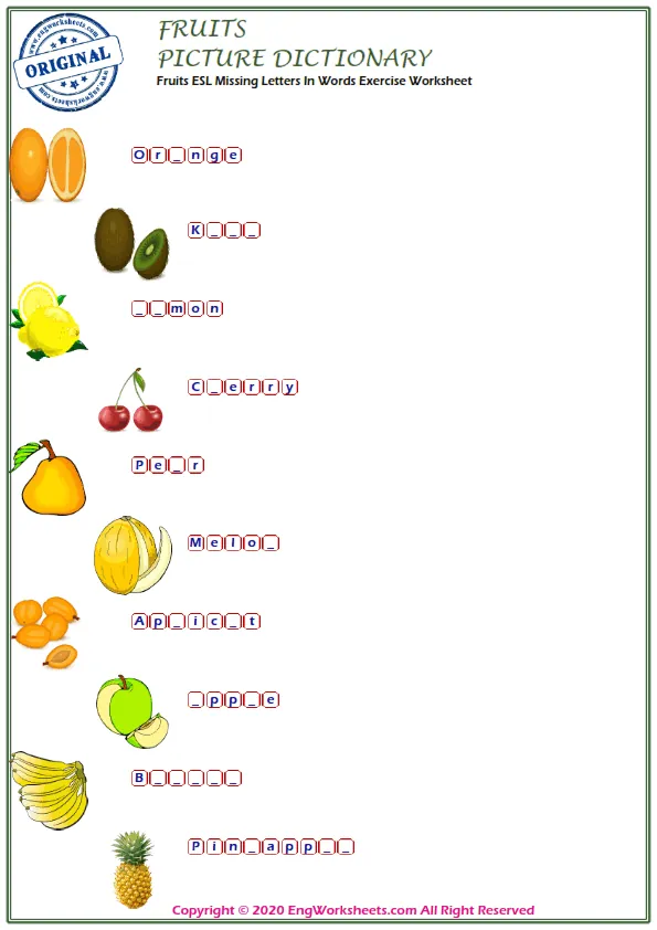 Fruits ESL Missing Letters In Words Exercise Worksheet