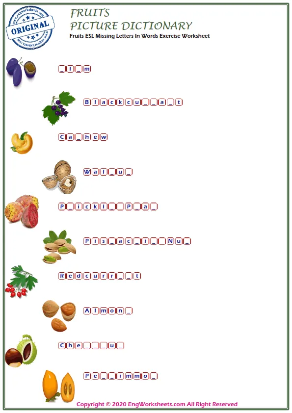 Fruits ESL Missing Letters In Words Exercise Worksheet Worksheet Preview