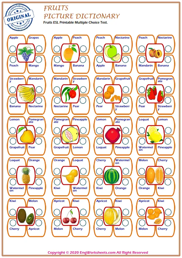 Fruits ESL Printable Multiple Choice Test.