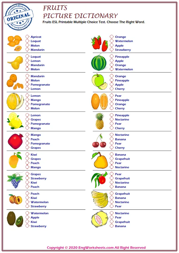 Fruits ESL Printable Multiple Choice Test. Choose The Right Word.
