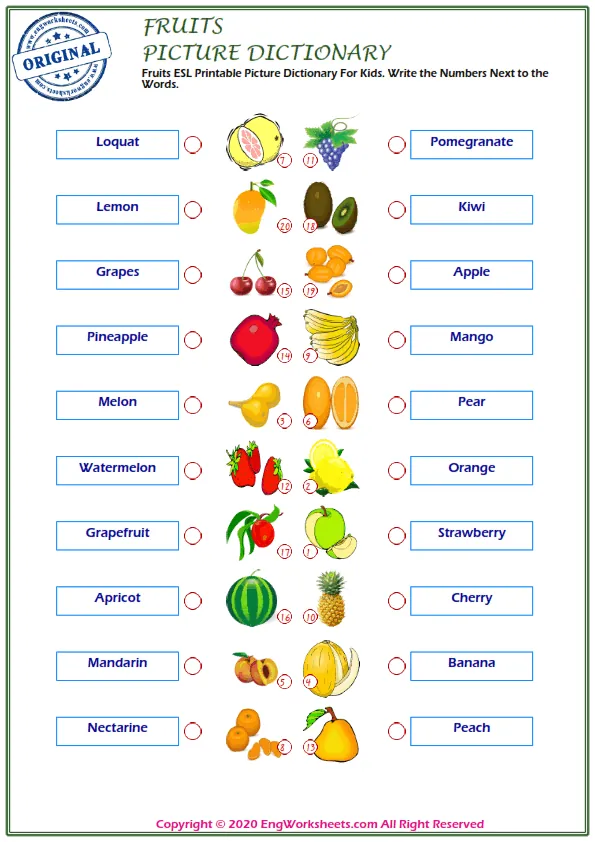 Fruits ESL Printable Picture Dictionary For Kids. Write the Numbers Next to the Words.