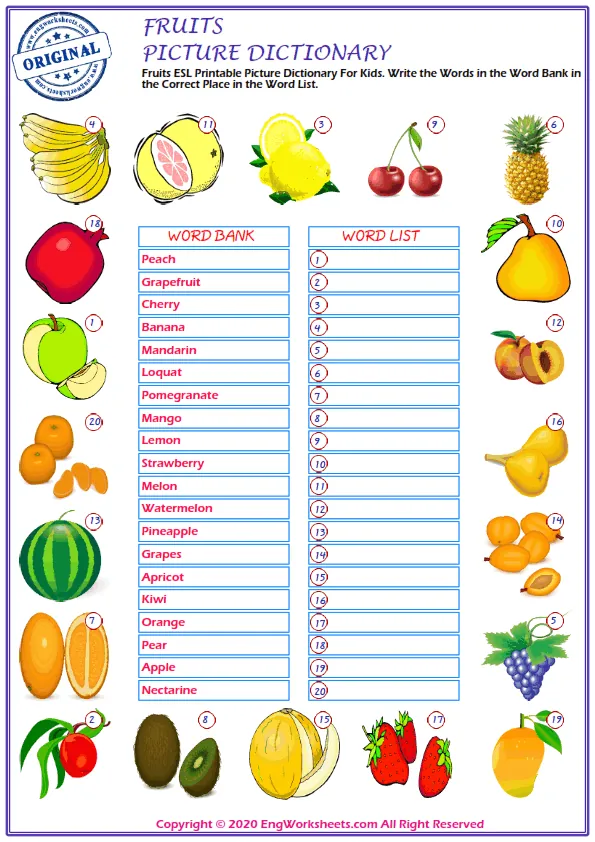 Fruits ESL Printable Picture Dictionary For Kids. Write the Words in the Word Bank in the Correct Place in the Word List. Worksheet Preview