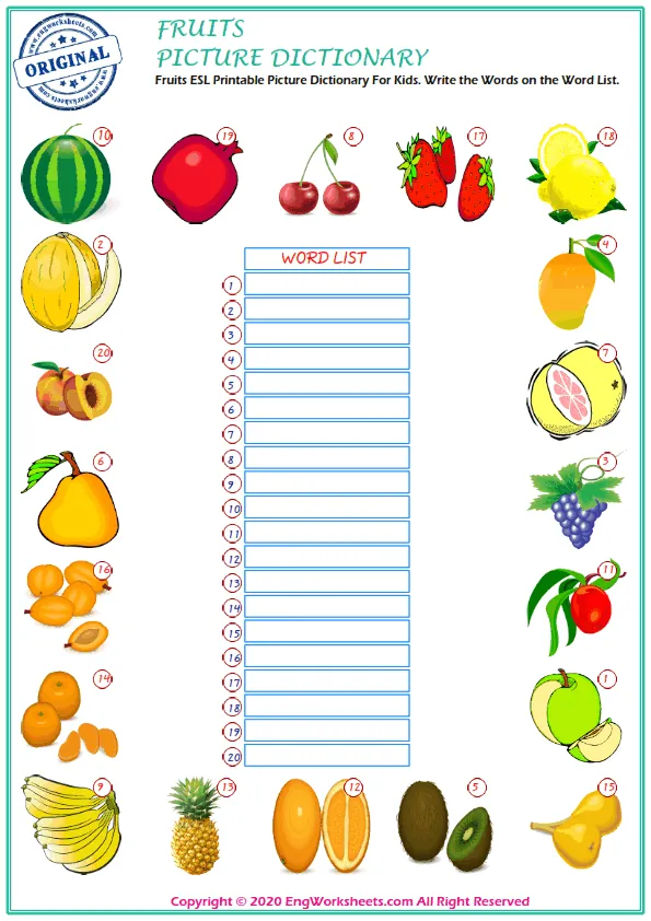 Fruits ESL Printable Picture Dictionary For Kids. Write the Words on the Word List.