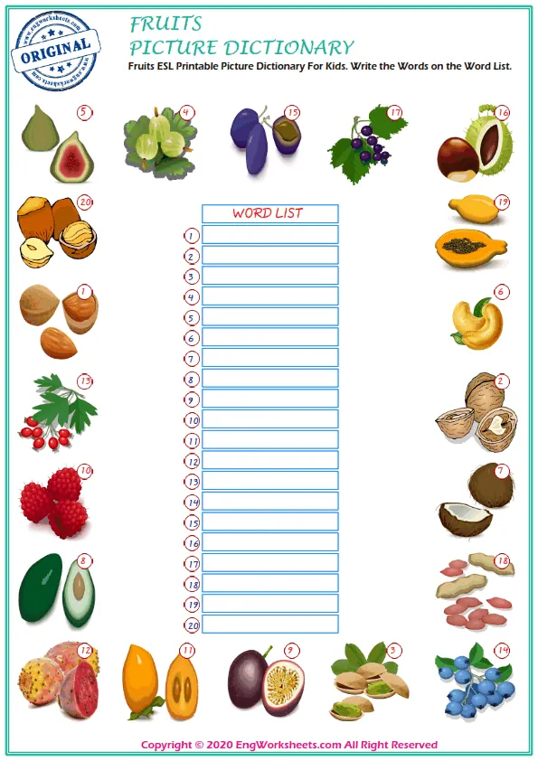 Fruits ESL Printable Picture Dictionary For Kids. Write the Words on the Word List. Worksheet Preview