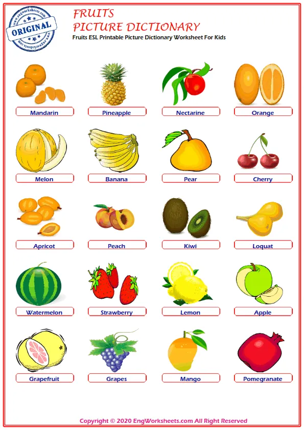 Fruits ESL Printable Picture Dictionary Worksheet For Kids