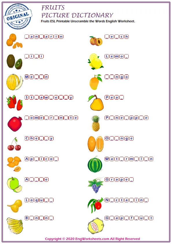 Fruits ESL Printable Unscramble the Words English Worksheet.