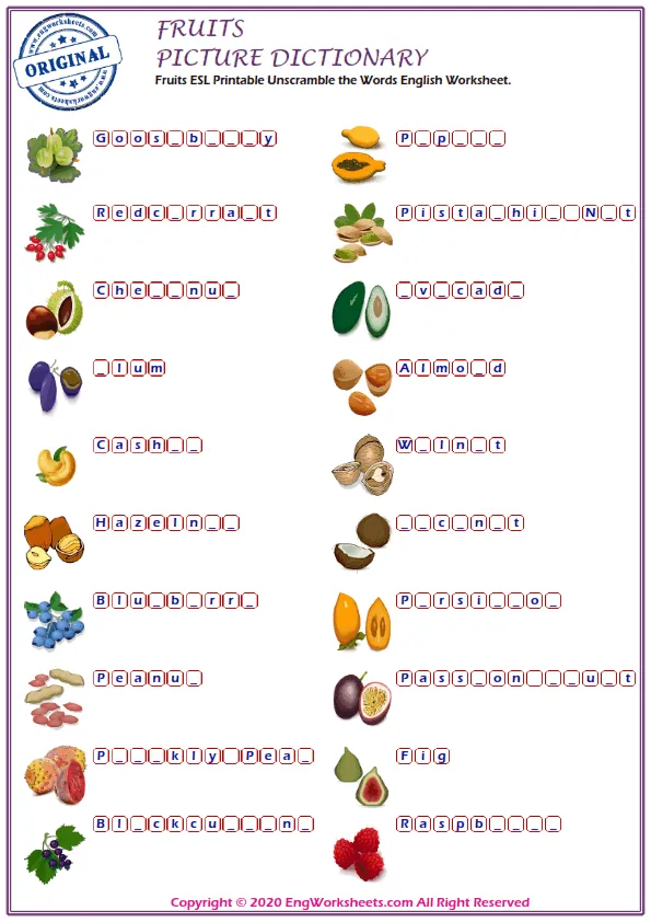 Fruits ESL Printable Unscramble the Words English Worksheet. Worksheet Preview