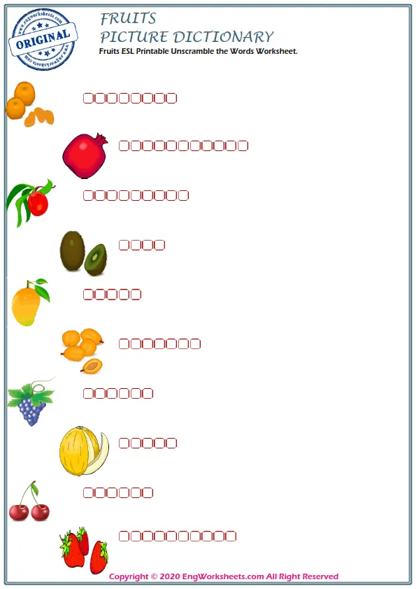 Fruits ESL Printable Unscramble the Words Worksheet.