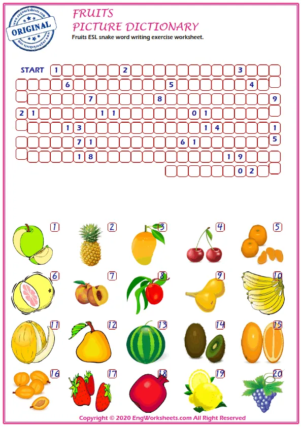 Fruits ESL snake word writing exercise worksheet.