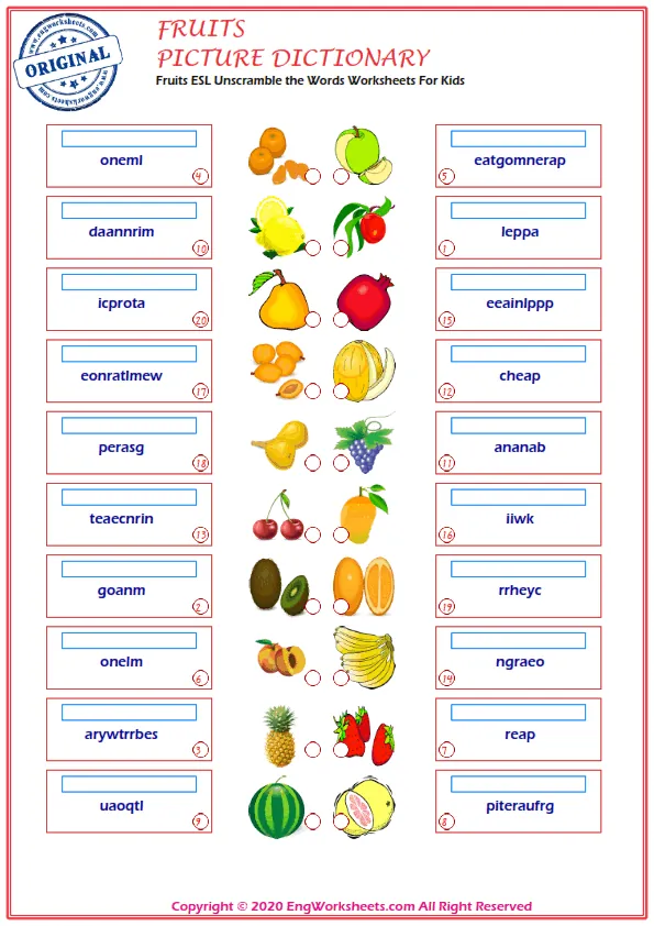 Fruits ESL Unscramble the Words Worksheets For Kids