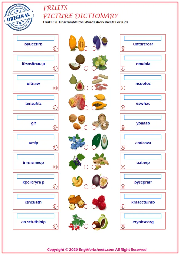 Fruits ESL Unscramble the Words Worksheets For Kids Worksheet Preview