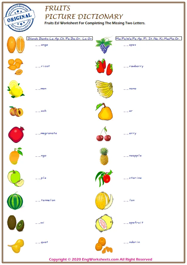 Fruits Esl Worksheet For Completing The Missing Two Letters. Worksheet Preview