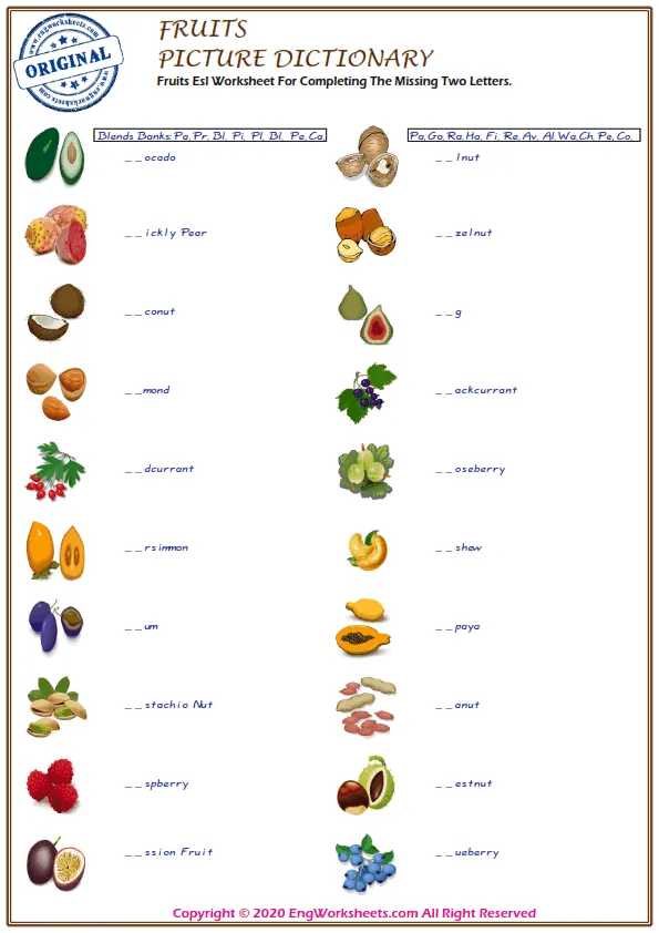 Fruits Esl Worksheet For Completing The Missing Two Letters. Worksheet Preview
