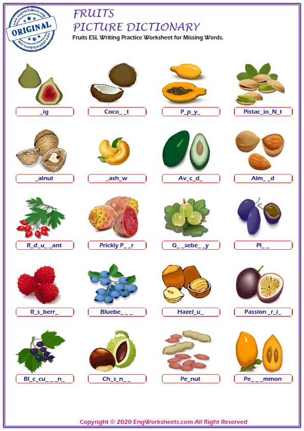 Fruits ESL Writing Practice Worksheet for Missing Words. Worksheet Preview