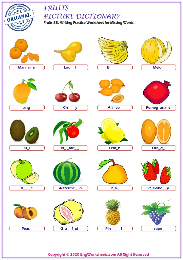 Fruits ESL Writing Practice Worksheet for Missing Words.