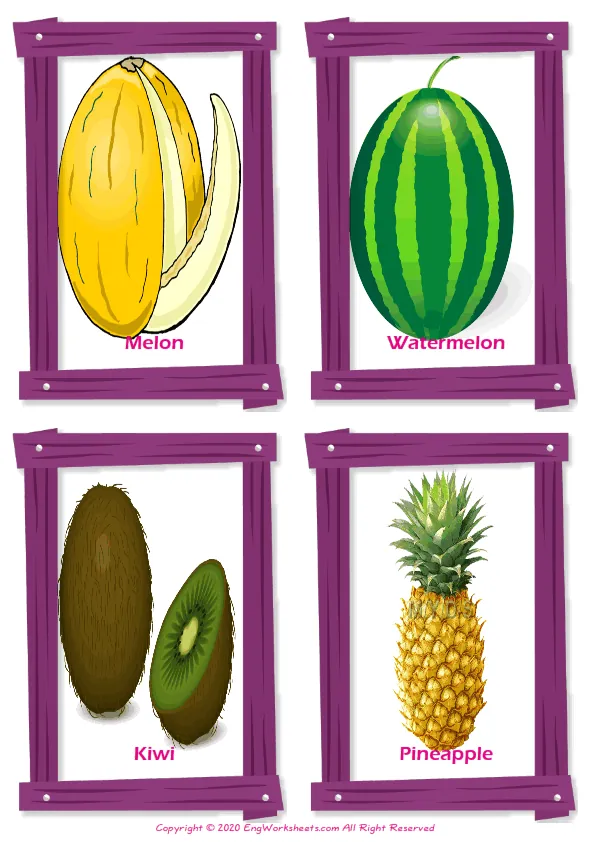 Fruits vocabulary worksheet with words, four images per page