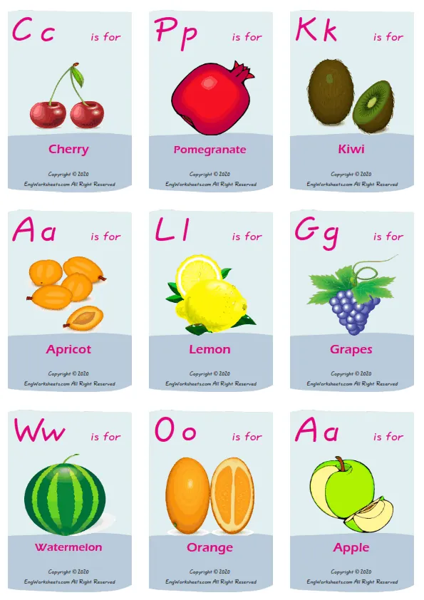 Fruits vocabulary worksheet with words, nine images per page