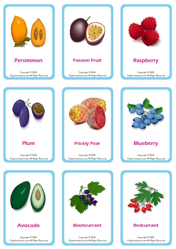 Fruits vocabulary worksheet with words, nine images per page Worksheet Preview