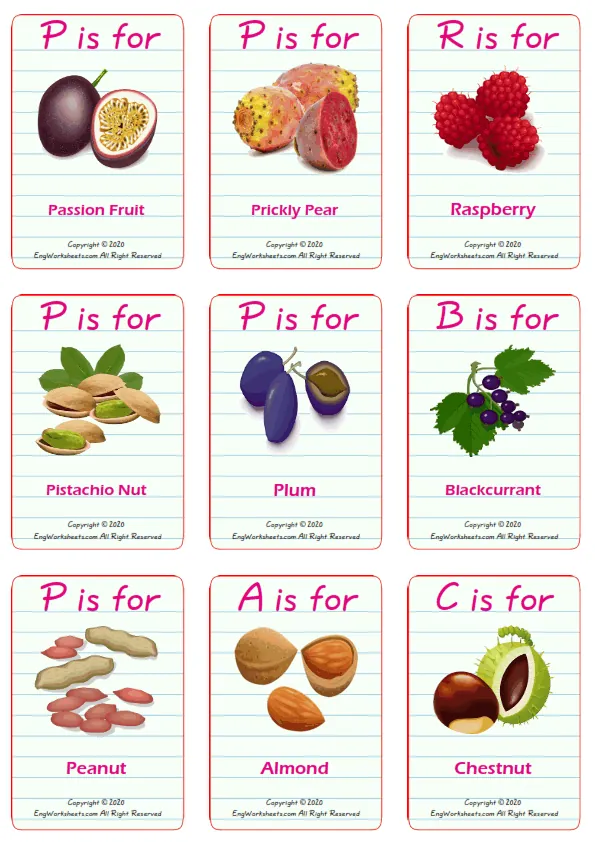 Fruits vocabulary worksheet with words, nine images per page Worksheet Preview