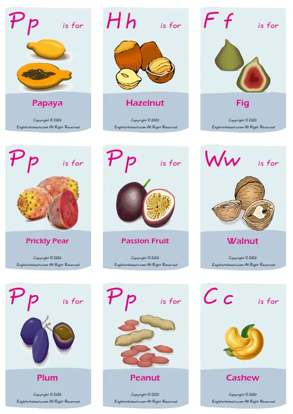 Fruits vocabulary worksheet with words, nine images per page Worksheet Preview