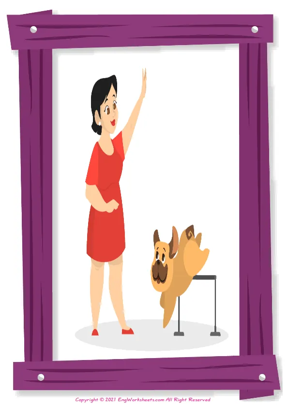 Full-page wordless Dog Training English vocabulary worksheet