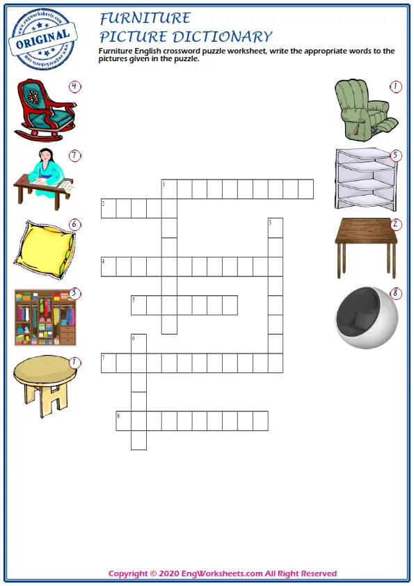 Furniture English crossword puzzle worksheet, write the appropriate words to the pictures given in the puzzle.