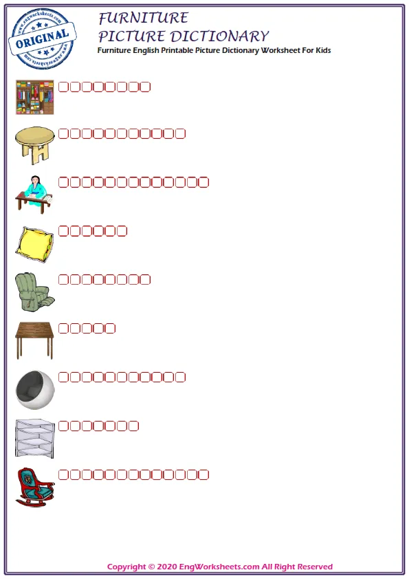 Furniture English Printable Picture Dictionary Worksheet For Kids