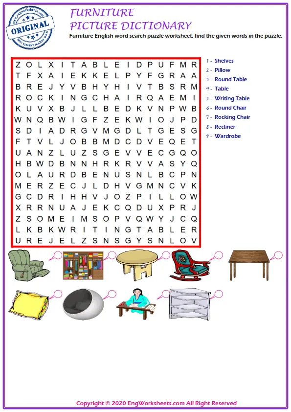 Furniture English word search puzzle worksheet, find the given words in the puzzle.
