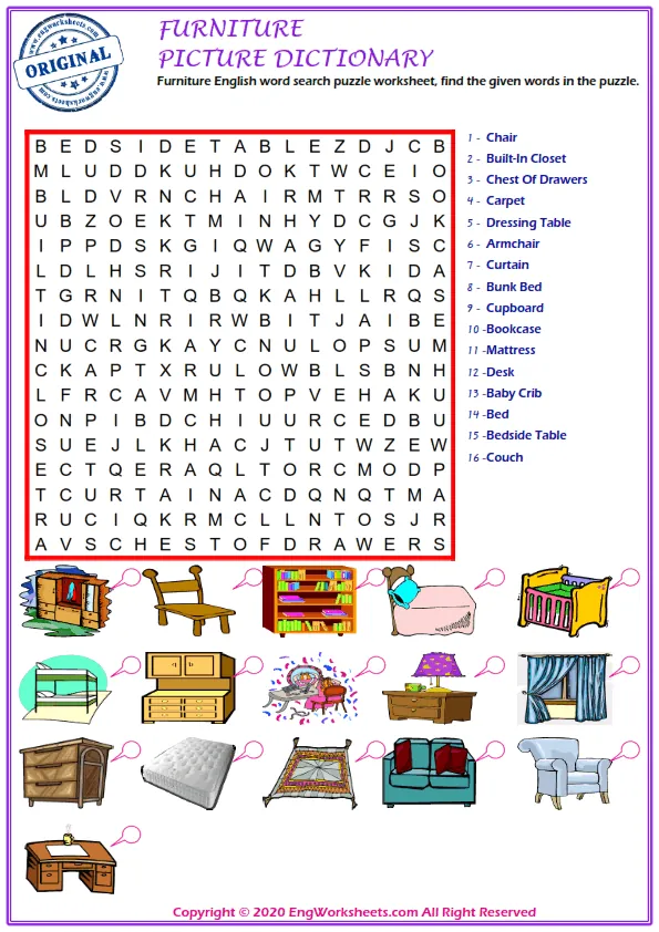 Furniture English word search puzzle worksheet, find the given words in the puzzle.