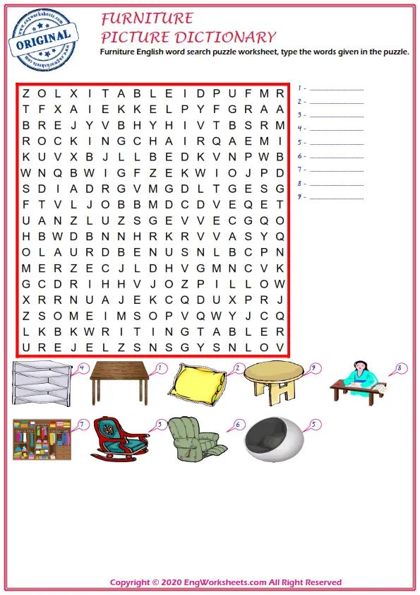 Furniture English word search puzzle worksheet, type the words given in the puzzle.