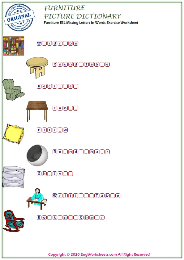 Furniture ESL Missing Letters In Words Exercise Worksheet