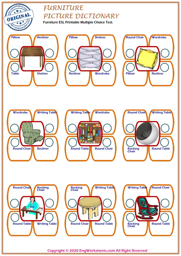 Furniture ESL Printable Multiple Choice Test. Worksheet Preview