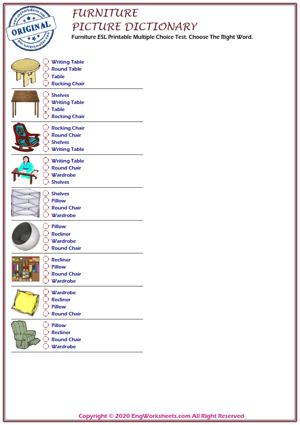 Furniture ESL Printable Multiple Choice Test. Choose The Right Word.
