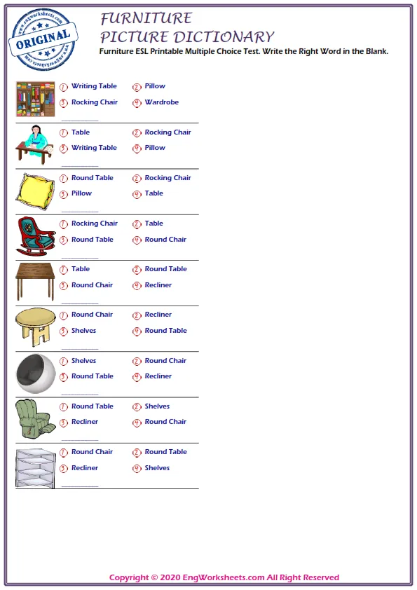 Furniture ESL Printable Multiple Choice Test. Write the Right Word in the Blank.
