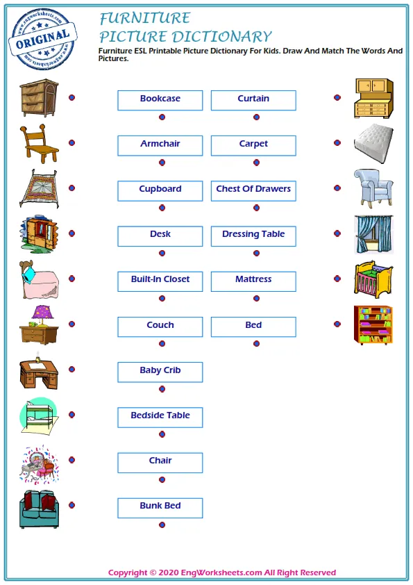 Furniture ESL Printable Picture Dictionary For Kids. Draw And Match The Words And Pictures.