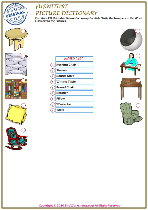 Furniture ESL Printable Picture Dictionary For Kids. Write the Numbers in the Word List Next to the Pictures.