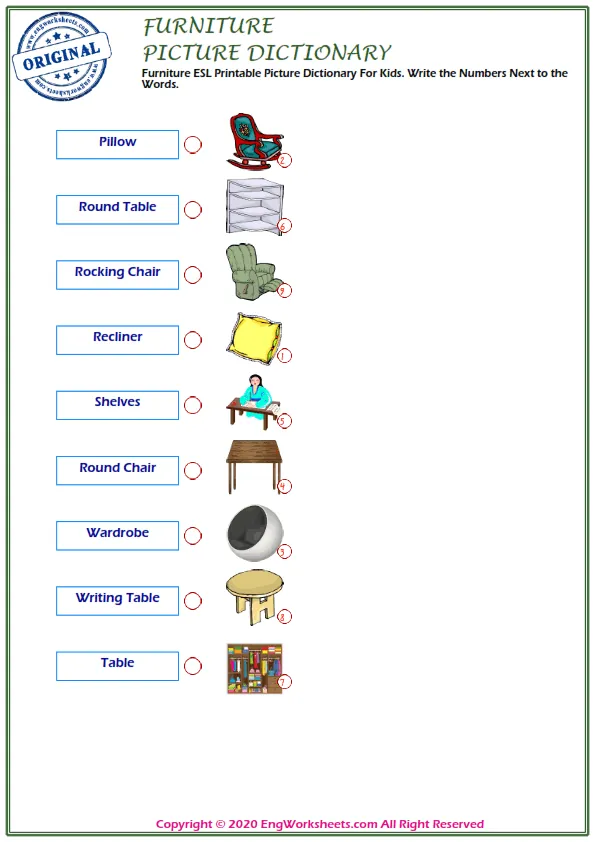 Furniture ESL Printable Picture Dictionary For Kids. Write the Numbers Next to the Words. Worksheet Preview