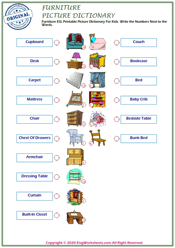 Furniture ESL Printable Picture Dictionary For Kids. Write the Numbers Next to the Words. Worksheet Preview
