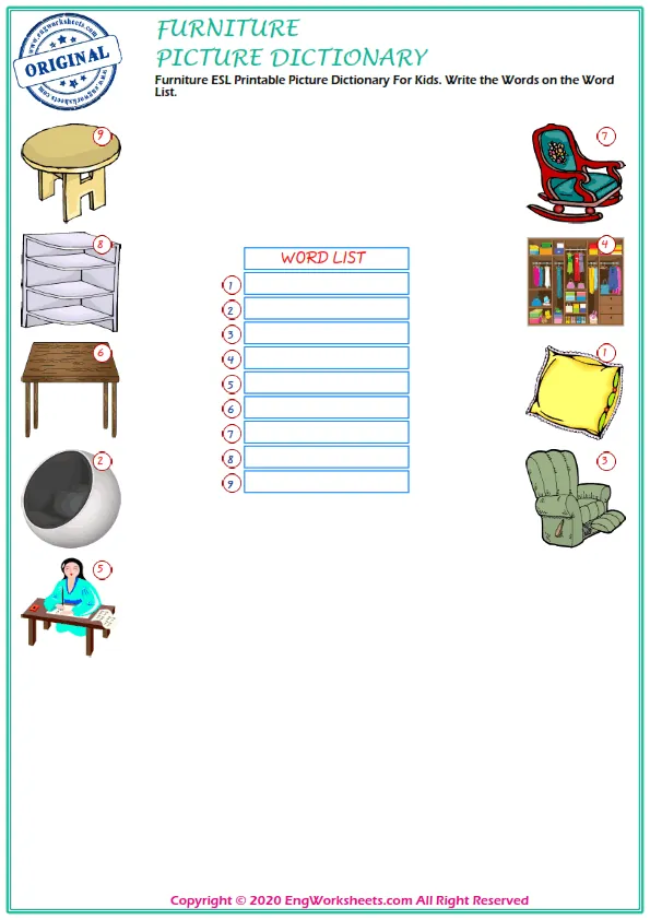 Furniture ESL Printable Picture Dictionary For Kids. Write the Words on the Word List. Worksheet Preview
