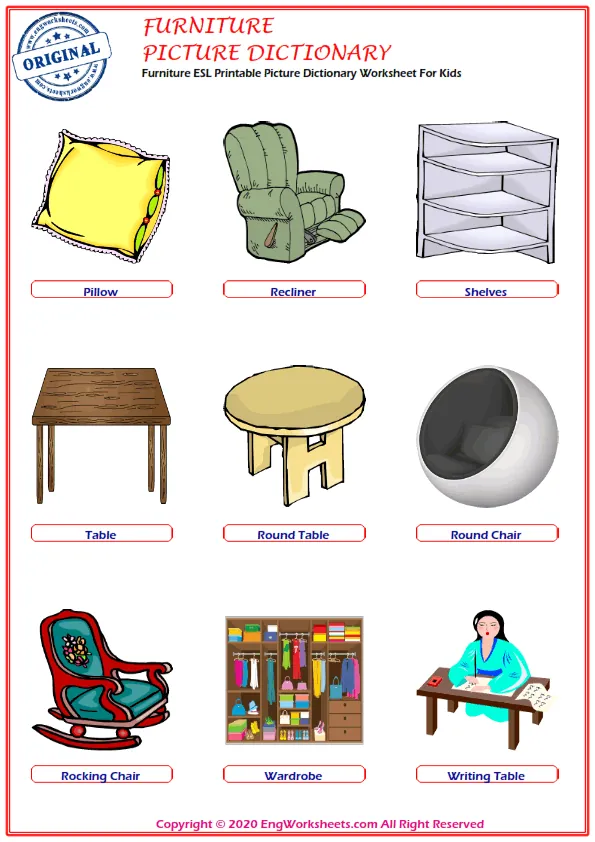 Furniture ESL Printable Picture Dictionary Worksheet For Kids Worksheet Preview