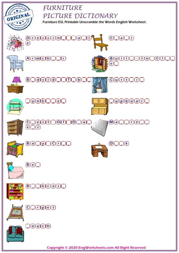 Furniture ESL Printable Unscramble the Words English Worksheet. Worksheet Preview