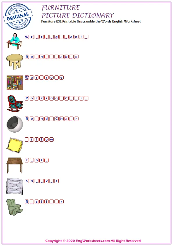 Furniture ESL Printable Unscramble the Words English Worksheet.